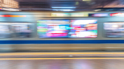 Urban subway scene with dynamic motion blur and abstract geometric shapes in vibrant colors. mobility guides, transit brochures, designed for transport & logistics marketing.