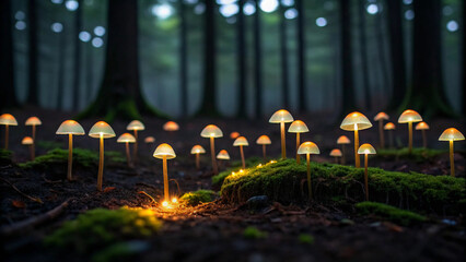 Magical Forest with Glowing Mushrooms and Moss stock photo Background