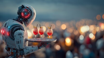 Futuristic robot waiter serving cocktails in urban nightlife setting, symbolizing innovation in hospitality and automation