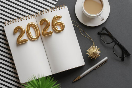 Open notebook displaying 2026 in gold numbers with coffee pen and glasses symbolizing the new year and future planning