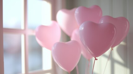 Pink heart-shaped balloons floating indoors near a sunlit window.