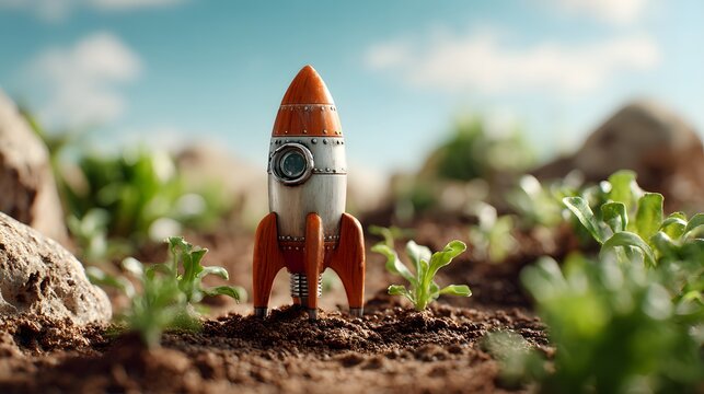 Small retro rocket rests firmly planted in rich brown soil surrounded by young green sprouts under a bright blue sky
