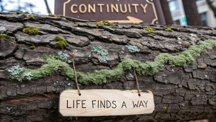 A wooden sign with life finds a way text on tree bark