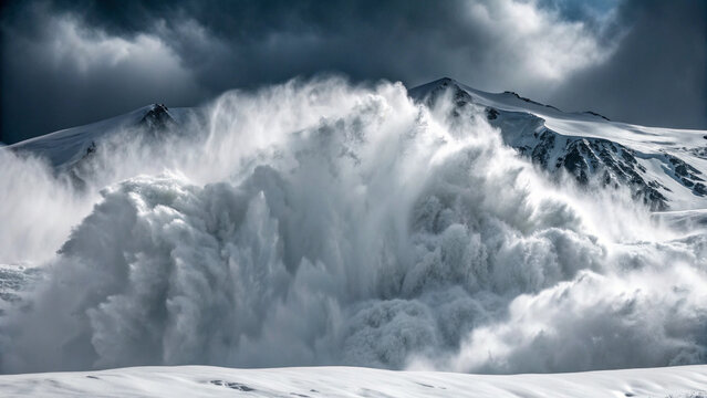 Massive avalanche cascading down snow-covered mountainside under dramatic stormy sky winter Background