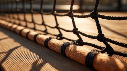 Rope netting along wooden deck during golden hour at a coastal location