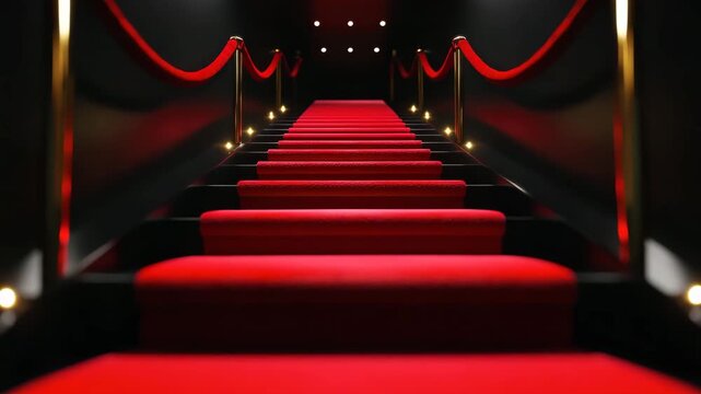 Golden pillars framing red carpet stairs with velvet ropes
