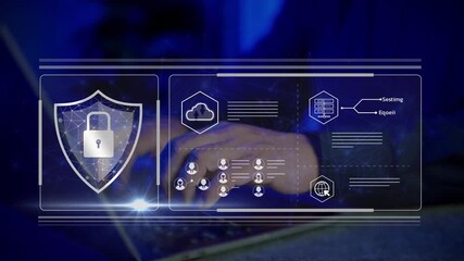 Cybersecurity concept, businessman using laptop with cyber security interface to log on to digital devices, emphasizing data privacy and network security. Secure access and data confidentiality. - Powered by Adobe