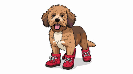 Playful fluffy cartoon dog with shaggy light brown fur and red winter shoes standing on white background