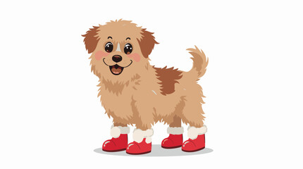 Cute fluffy cartoon puppy standing with bright red boots and cheerful expression on white backdrop