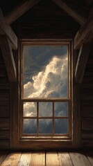 Window to the Heavens: A weathered wooden window frame offers a breathtaking panorama of dramatic, storm-laden clouds, filling the interior with a sense of awe and anticipation.