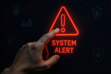Hand pointing at a glowing digital warning sign displaying on a futuristic interface, representing cybersecurity threats or system breach warnings.