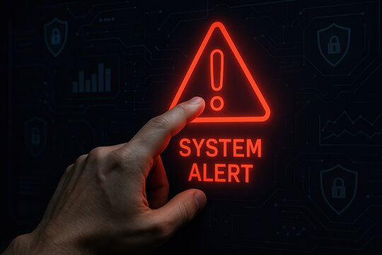 Hand pointing at a glowing digital warning sign displaying on a futuristic interface, representing cybersecurity threats or system breach warnings. - Powered by Adobe