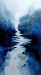 Mystical River Serenity: An ethereal landscape where a river meanders through a valley, enveloped in a symphony of blues and soft clouds, the scene evokes a sense of calm.