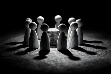 Unity and teamwork concept with wooden figures encircling a stack of coins