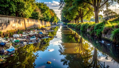 Pollution sullies a reflective canal, contrasting nature's beauty with unsightly trash in a grim environmental statement