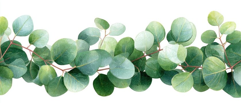 Watercolor eucalyptus border with rounded green leaves on thin red-brown stems