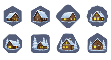A captivating set of eight charming winter cabin illustrations featuring snow-covered log homes and serene frosted trees on unique dark backgrounds