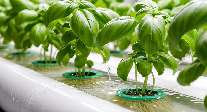 Hydroponic Basil Growing in Nutrient Solution.