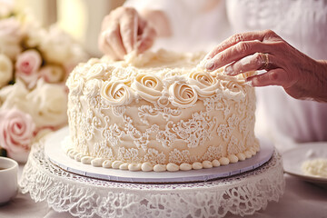 Person adding the finishing touches to a beautifully decorated cake, ready for a special occasion