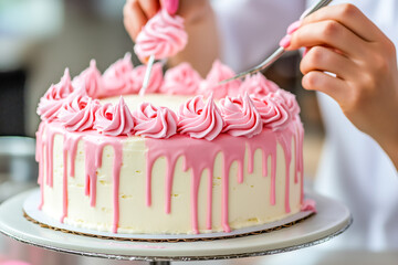 Person adding the finishing touches to a beautifully decorated cake, ready for a special occasion