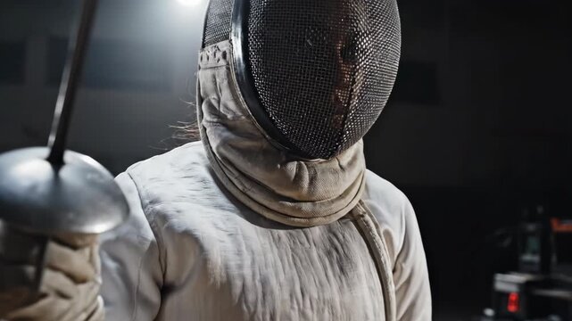 Woman fencer preparing for a match, holding an epee in a fencing uniform and mask on a professional strip with scoreboards.
