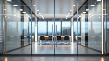 Modern Office Entrance with Glass Doors and Interior Meeting Room View image photo Background