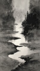 Serene River in Monochrome: A tranquil river meanders through a landscape of misty banks and shadowed trees, creating a scene of peacefulness and introspection.