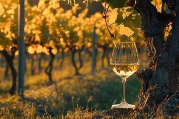 Person enjoying a glass of white wine in a vineyard, with rows of grapevines in the background