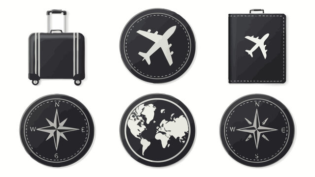 Illustration of travel icons including luggage airplane world map and compass for vacation planning and trips