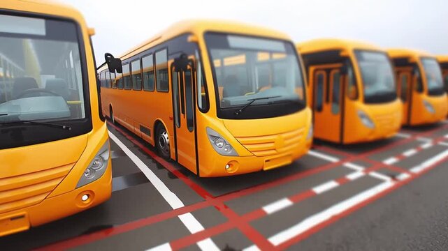 Bright yellow city buses stand aligned at parking terminal under cloudy daylight representing organized urban transport system and public mobility concept