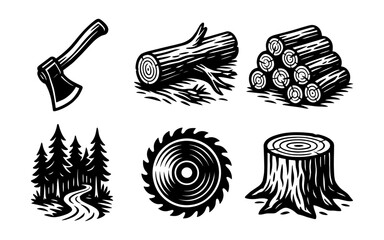 Woodworking icons: axe, logs, trees, saw blade, and tree stump in retro style