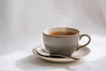 Cozy morning tea in a ceramic cup on a clean white surface