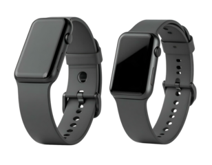 Two sleek, dark digital wristwatches on black straps