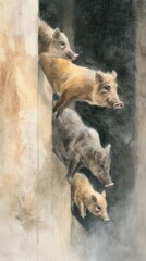 Family of Wild Pigs Ascending: A gathering of wild pigs navigates a rugged terrain, showcasing their resilience and familial bond in the natural environment.