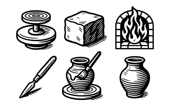 Handcrafted pottery elements in monochrome design for art and craft projects