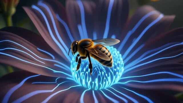 A bee resting on a futuristic glowing blue and purple flower with intricate light patterns.