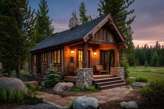 Cozy rustic wooden cabin with warm porch light under a twilight sky
