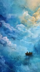 Voyage on Heavenly Waters: A small boat sails serenely through a sea of clouds, journeying towards an ethereal, atmospheric landscape, imbued with a sense of adventure and tranquility.