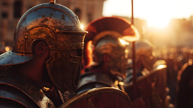 Heavily armored ancient soldiers stand resolute against a brilliant setting sun.