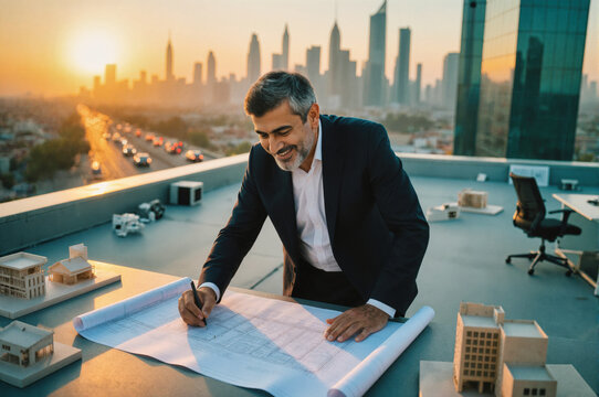 A smiling architect in a suit reviews blueprints on a rooftop with a city skyline at sunset, surrounded by architectural models and design tools.