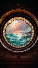Ocean View Through Stained Glass: A vibrant seascape is framed by a stained-glass window. The colorful scene depicts a raging ocean beneath a dramatic sky.