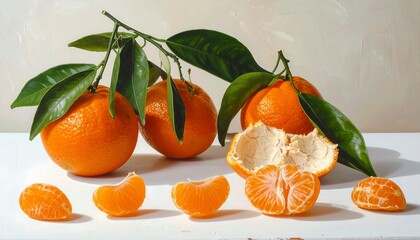 Ripe tangerines with leaves are arranged on a surface.