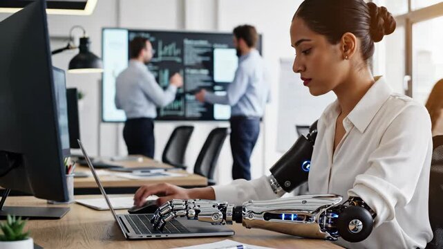 Young woman with bionic arm using laptop in modern office, colleagues discussing data on screen in the background, future tech concept.