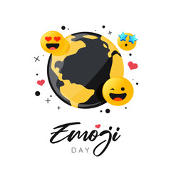 A playful World Emoji Day illustration featuring joyful emoji faces orbiting around a stylized Earth, symbolizing global expression, fun communication, and positive emotions in a bright and friendly