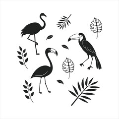 Set of vector birds and flowers in nature illustration