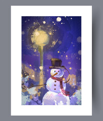 Joyful winter scene, Snowman smiling beneath shimmering streetlamp light