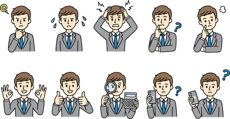 Businessman Emotion and Pose Set. Thinking, Stress, OK, Thumbs Up, and Business Actions.