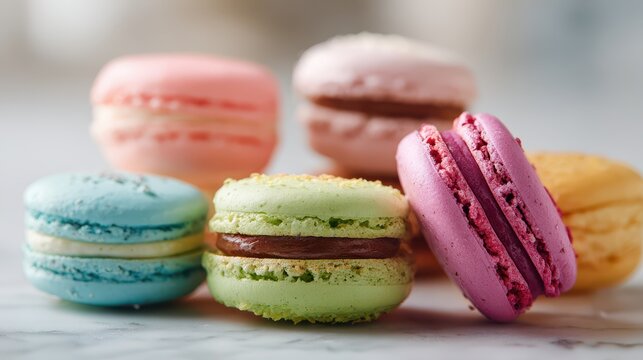 Delicate French macarons close-up on a marble background showing texture and color variety