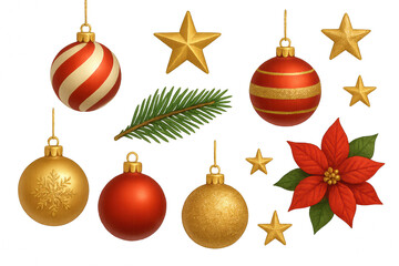 Christmas ornaments in red and gold, including baubles, stars, pine branch and poinsettia flower, isolated on white background, festive holiday decoration elements