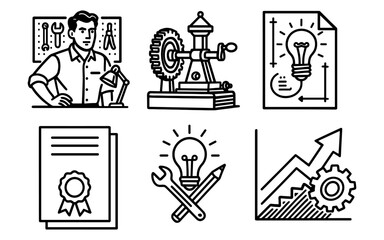 Inventive engineering icons featuring laboratory tools and creative concepts